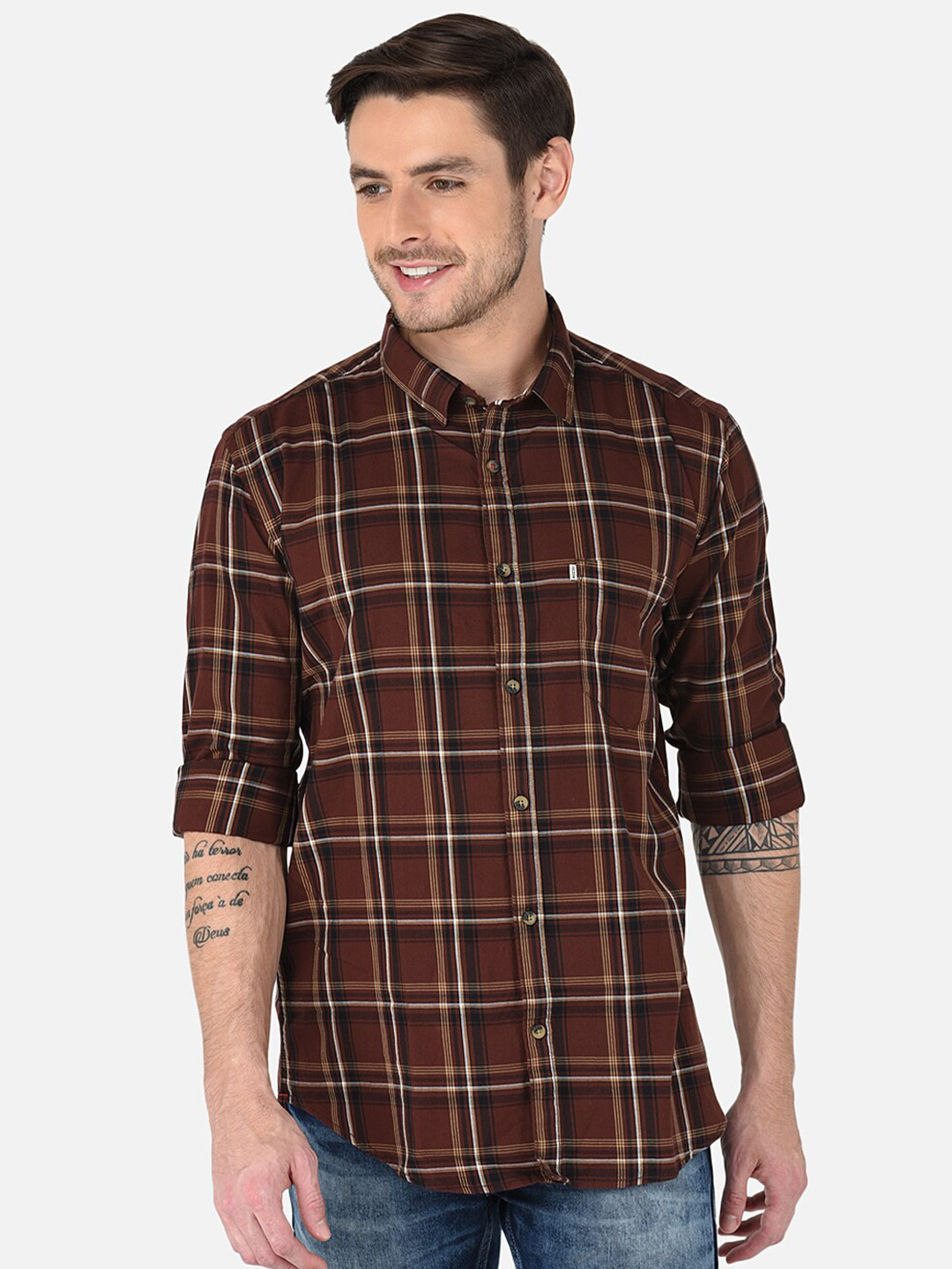 

MOZZO Classic Slim Fit Tartan Checks Opaque Checked Cotton Shirt, Brown