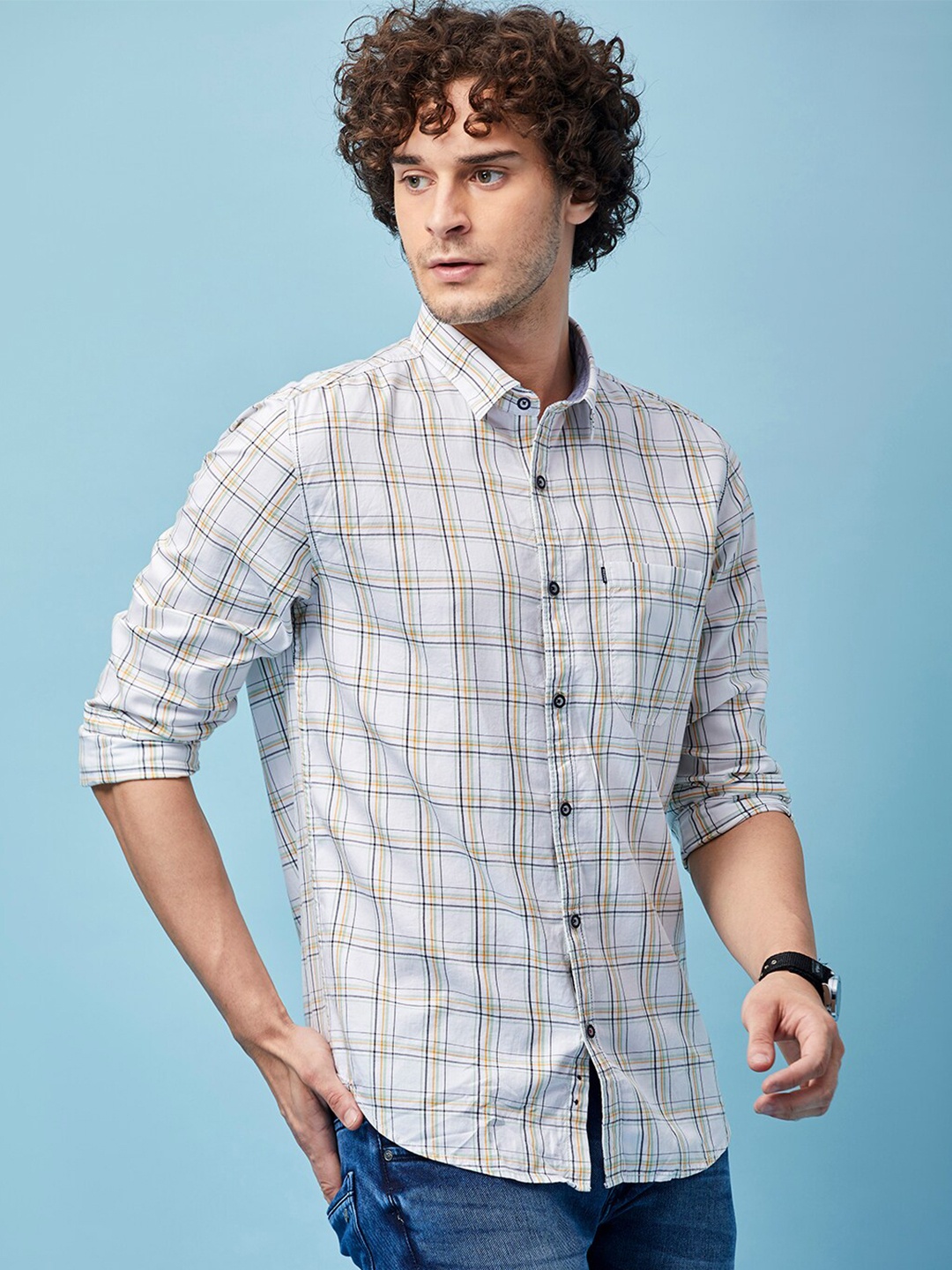 

MOZZO Classic Slim Fit Tartan Checked Cotton Casual Shirt, White