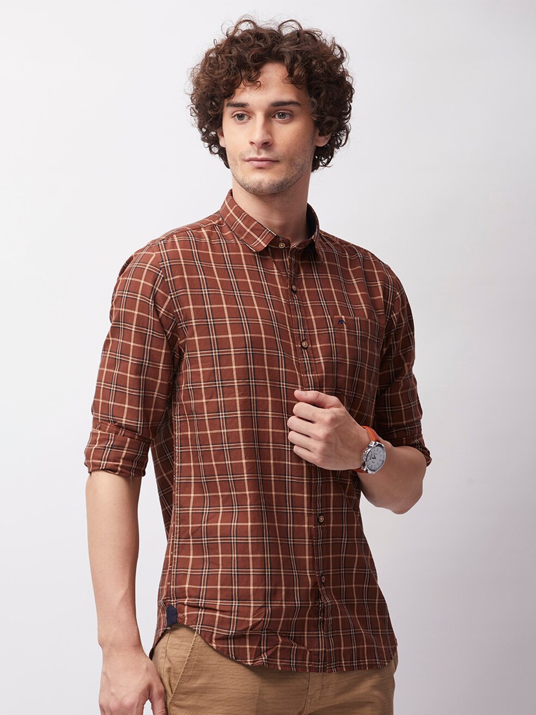 

MOZZO Classic Tartan Checks Slim Fit Cotton Casual Shirt, Brown