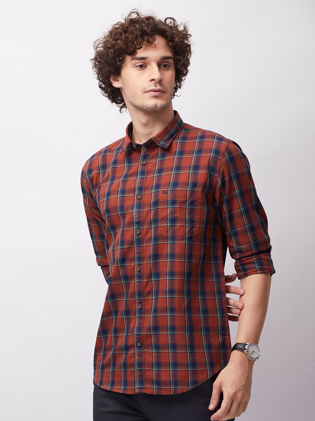 

MOZZO Classic Slim Fit Tartan Checked Cotton Casual Shirt, Brown