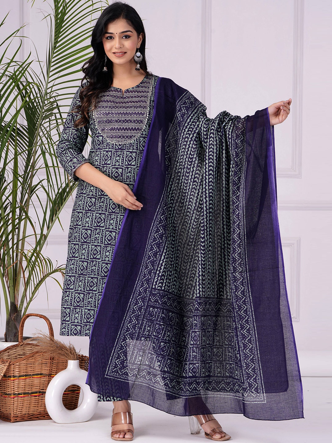 

KALINI Ethnic Motifs Printed Pure Cotton Kurta & Trousers With Dupatta, Blue