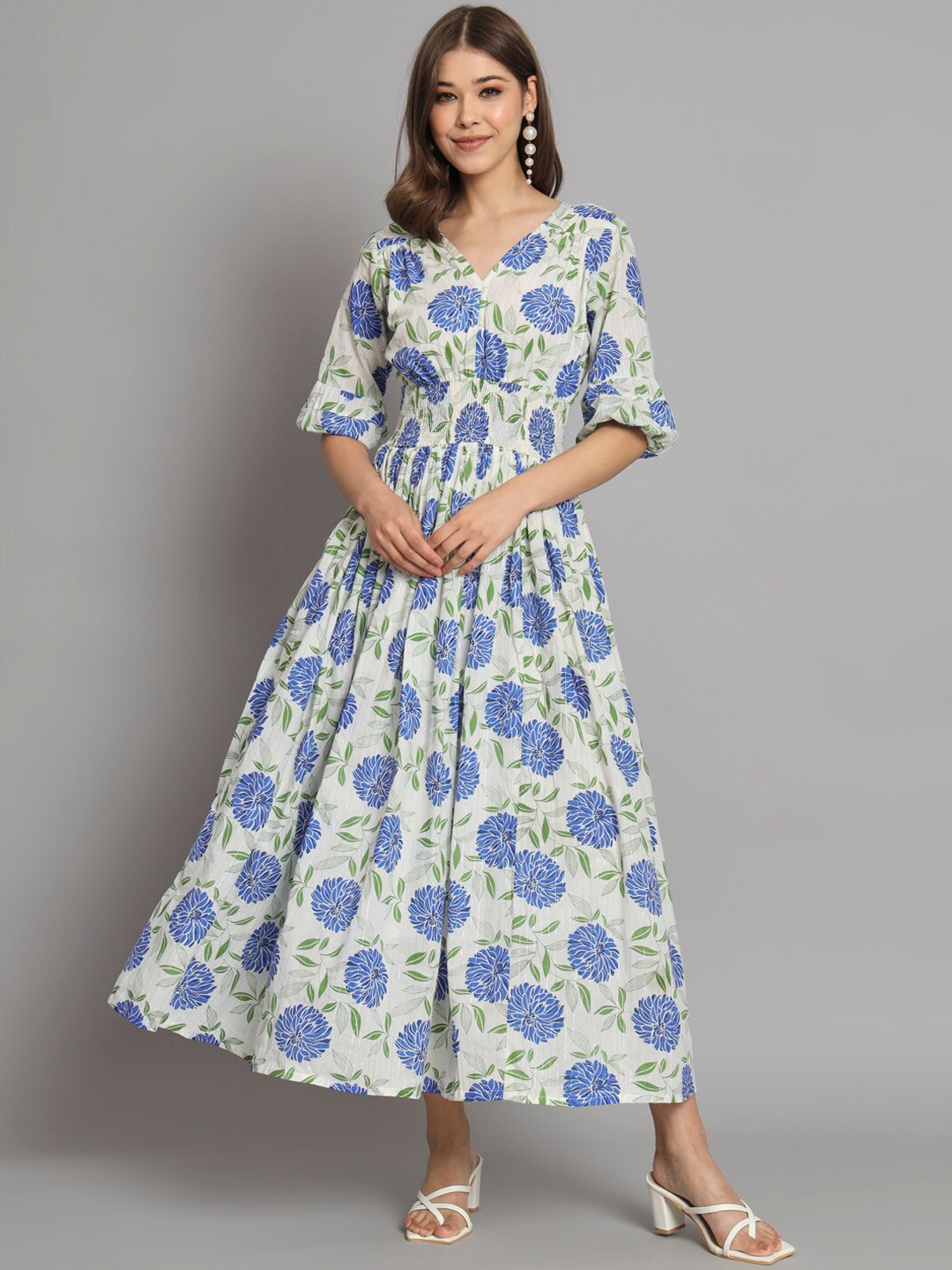 

KALINI Floral Printed Puff Sleeves Smocked Detail Cotton Fit & Flare Midi Ethnic Dress, White