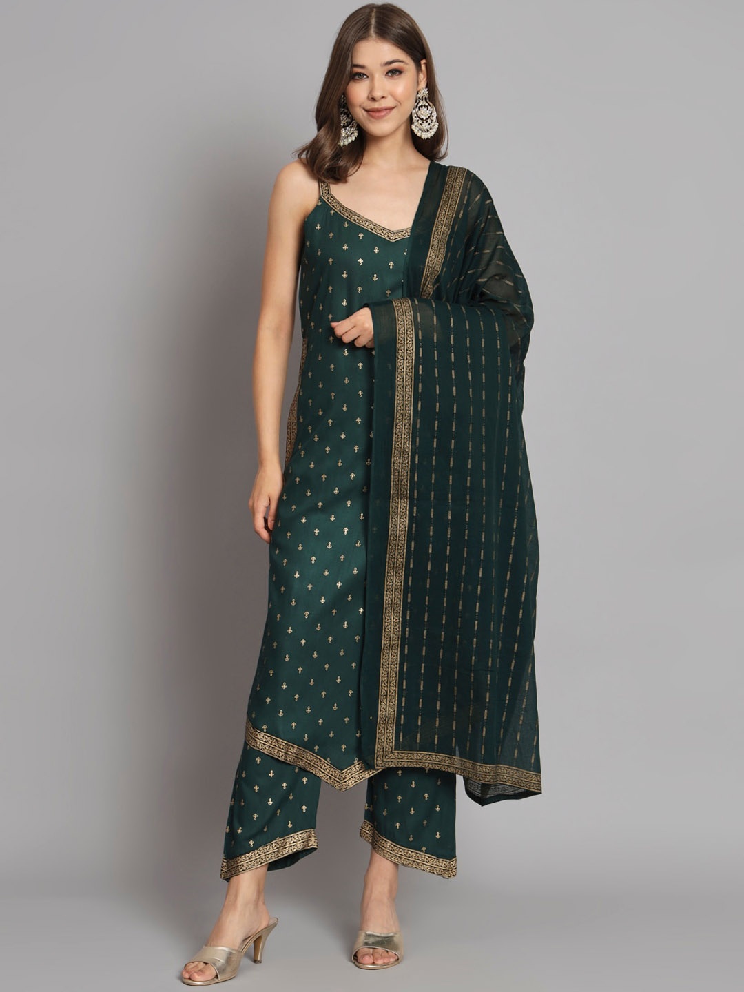 

KALINI Ethnic Motifs Printed Straight Kurta with Palazzos & Dupatta, Green