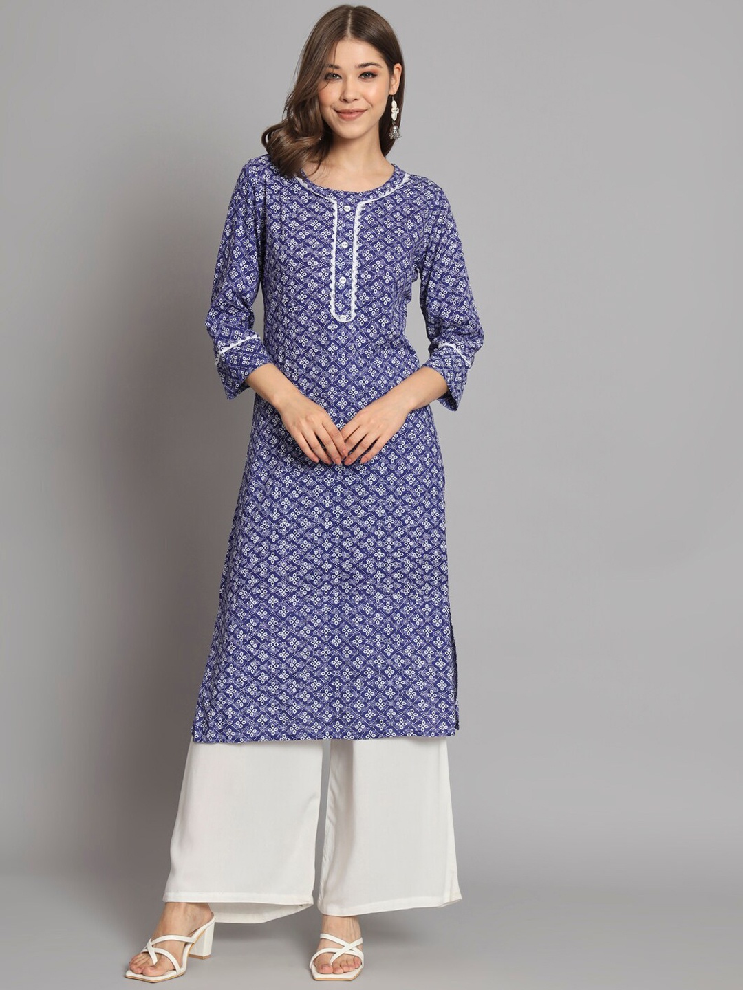 KALINI Ethnic Motifs Printed Lace Detailed Straight Kurta, Blue