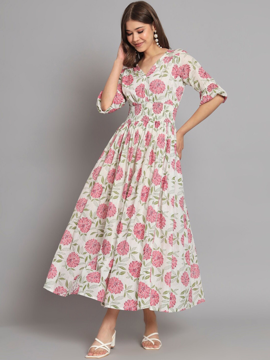 KALINI Floral Printed Puff Sleeves Smocked Detail Cotton Fit & Flare Midi Ethnic Dress, White