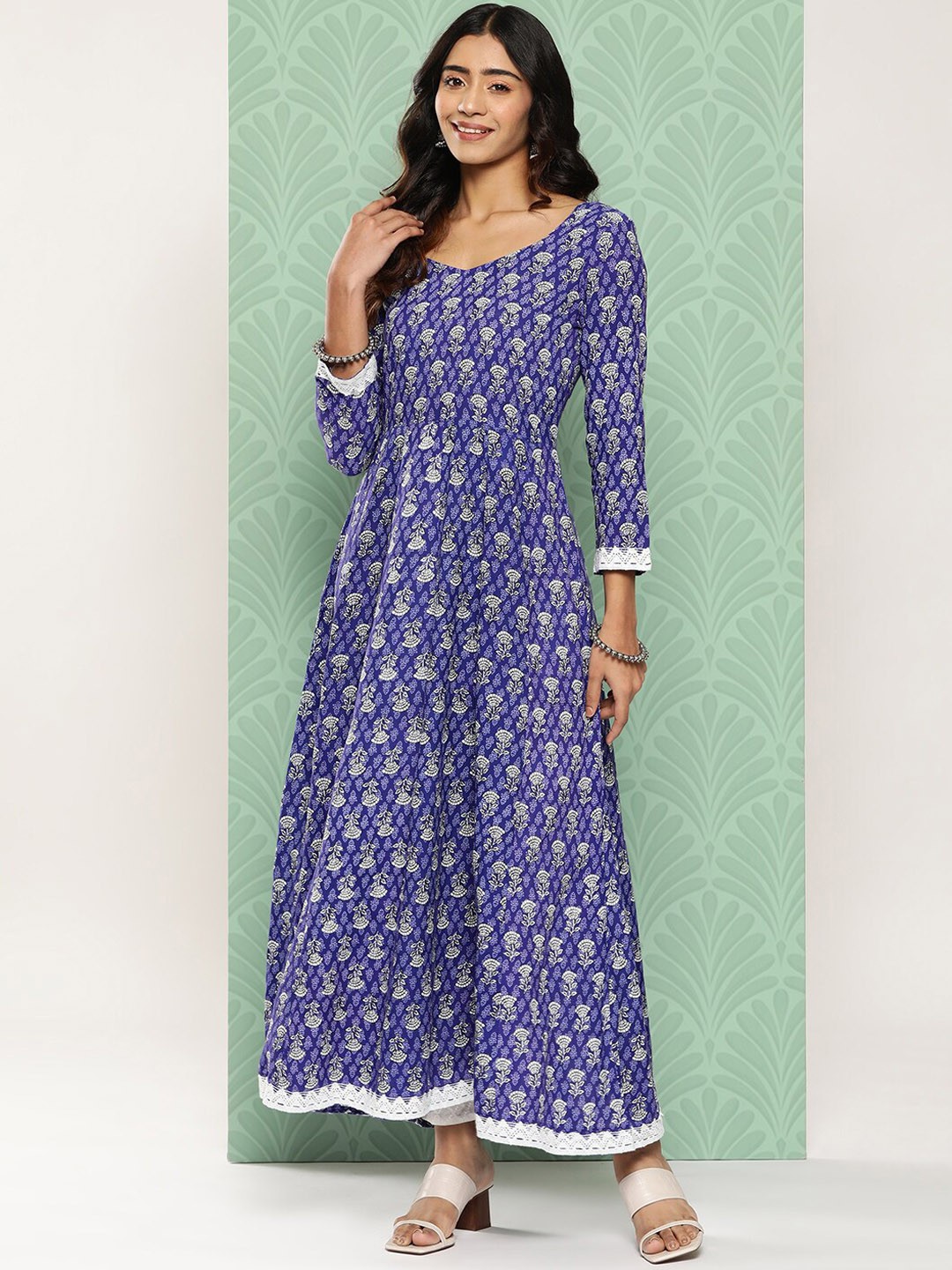 

KALINI Ethnic Motifs Printed Cotton Maxi Ethnic Dress, Blue