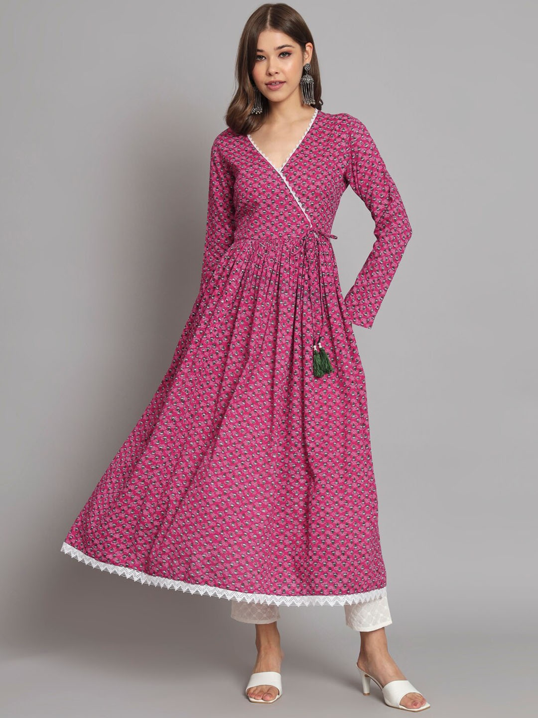 

KALINI Floral Printed Zardozi Angrakha Kurta With Trousers, Pink