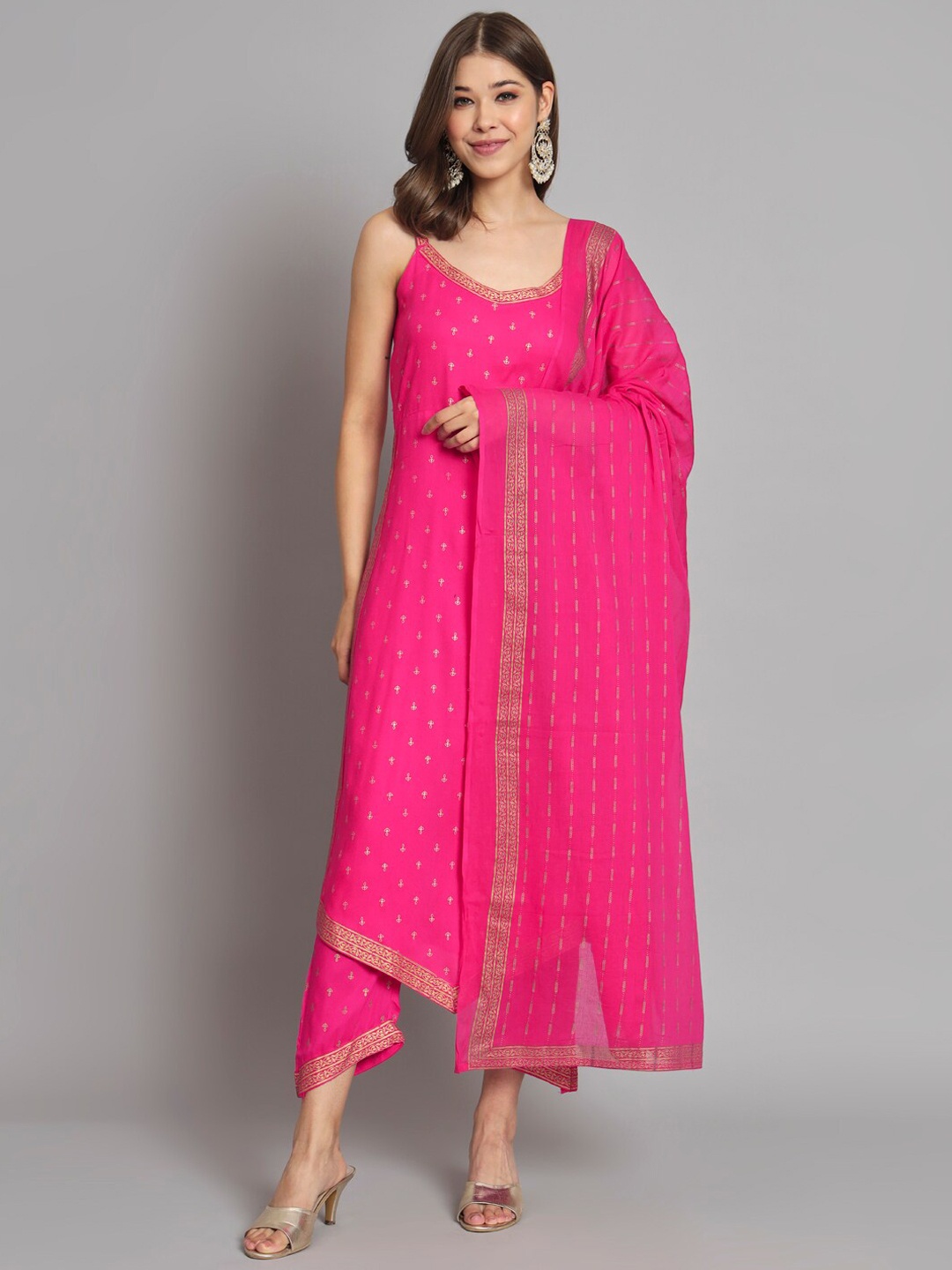 

KALINI Ethnic Motifs Printed Straight Kurta with Palazzos & Dupatta, Pink