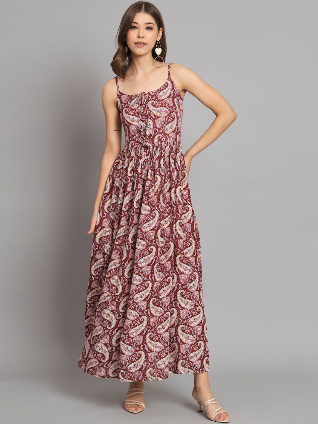 

KALINI Ethnic Motifs Printed Fit And Flare Maxi Dress, Maroon