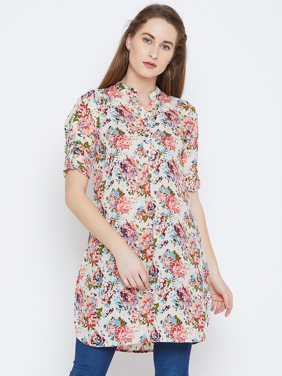 

BAESD Mandarin Collar Floral Printed Tunic, Beige