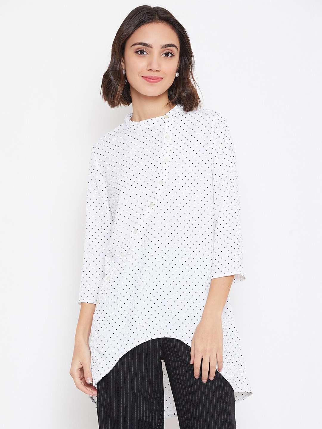 

BAESD Geometric Print Mandarin Collar Crepe High-Low Longline Top, White