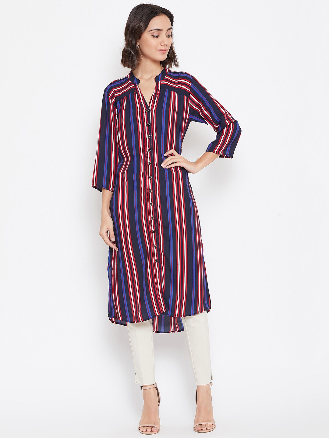 

BAESD Striped Mandarin Collar Fusion Kurta, Blue