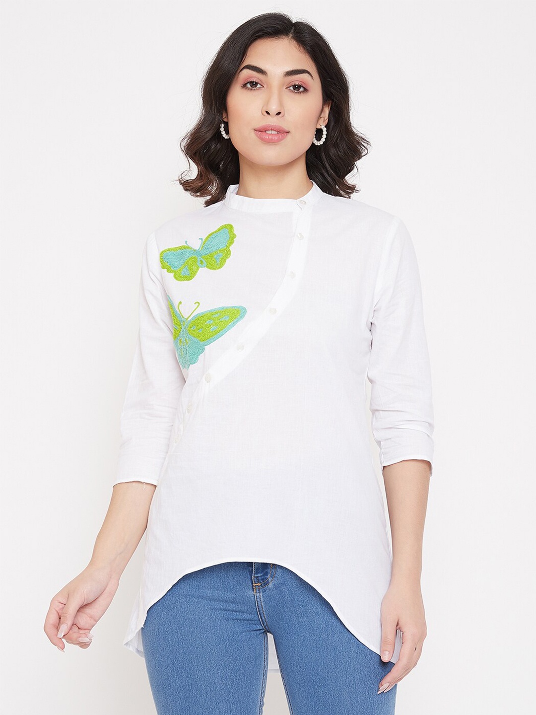

BAESD Mandarin Collar Embroidered Cotton Top, White