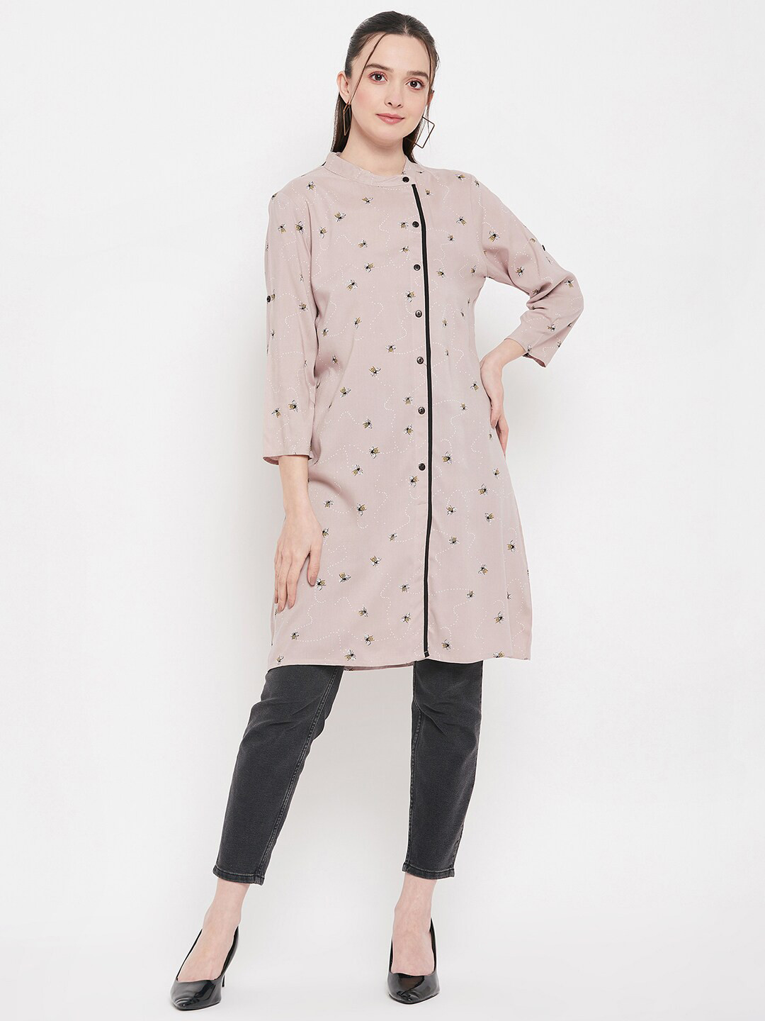 

BAESD Conversational Printed Band Collar Roll-Up Sleeves A-Line Kurta, Peach
