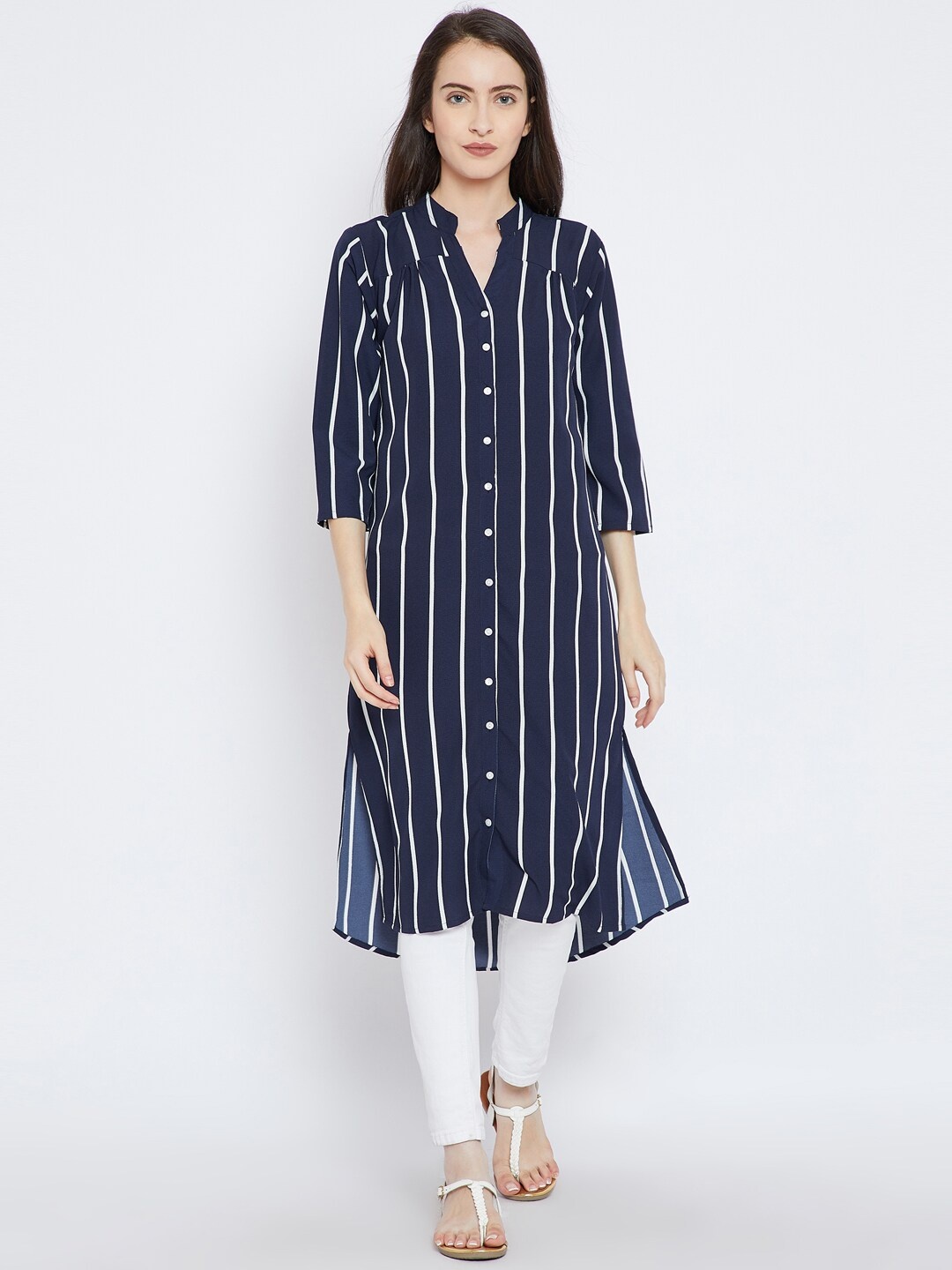 

BAESD Striped Mandarin Collar Fusion Kurta, Blue