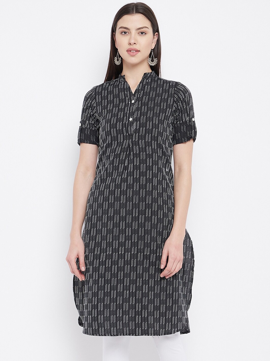 

BAESD Striped Mandarin Collar Roll Up Sleeves Cotton Straight Kurta, Black