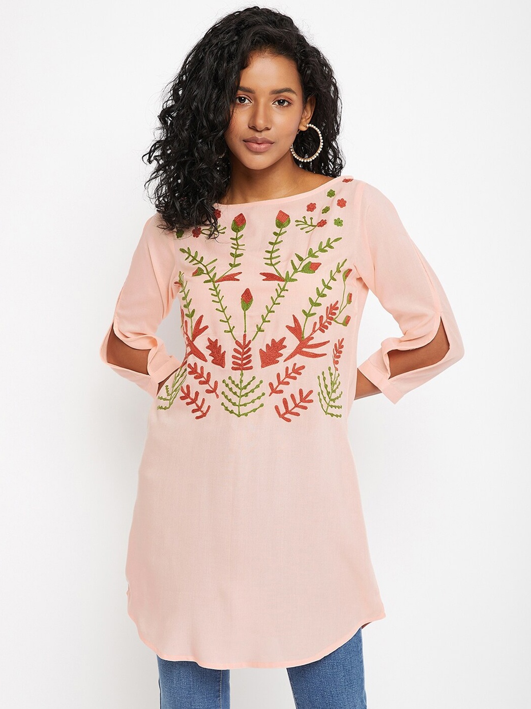 

BAESD Floral Embroidered Boat Neck Tunic, Peach
