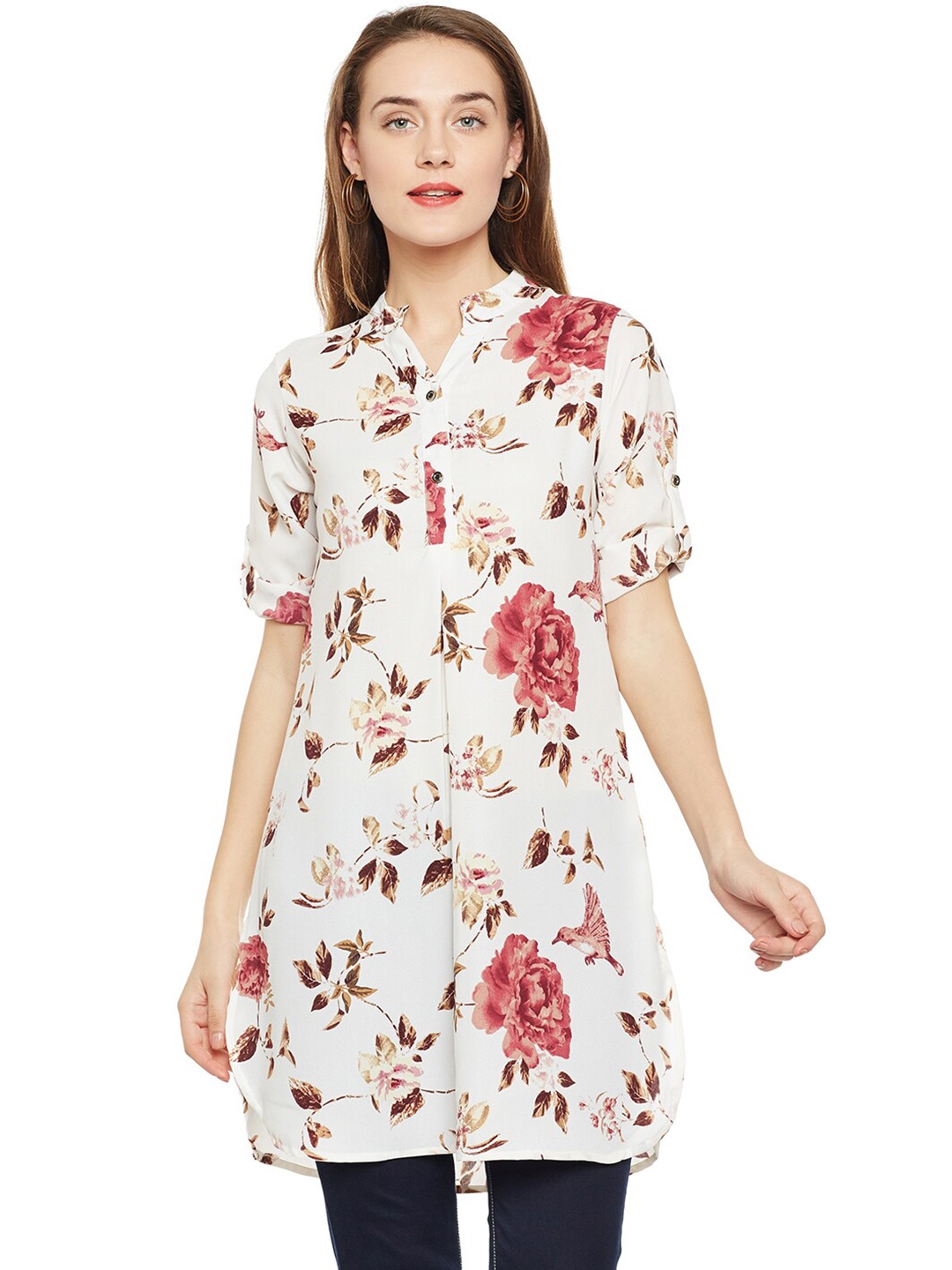 

BAESD Floral Printed Mandarin Collar Tunic, White