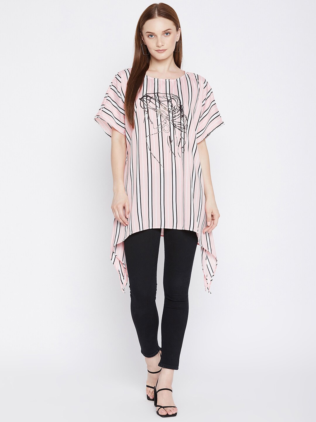 

BAESD Striped Extended Sleeves Crepe Boxy Longline Top, Pink