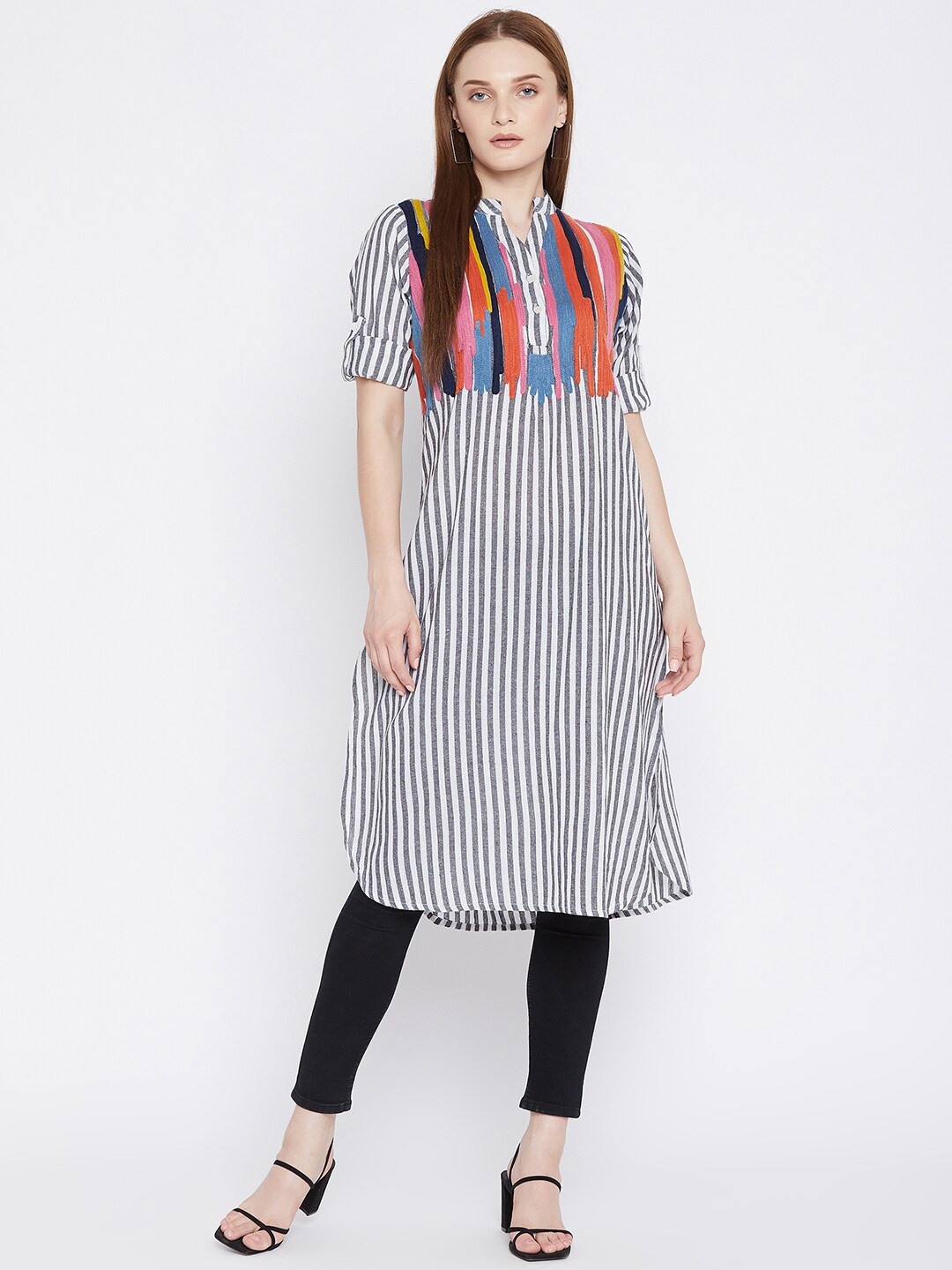 

BAESD Striped Thread Work Detail Cotton Straight Kurta, White