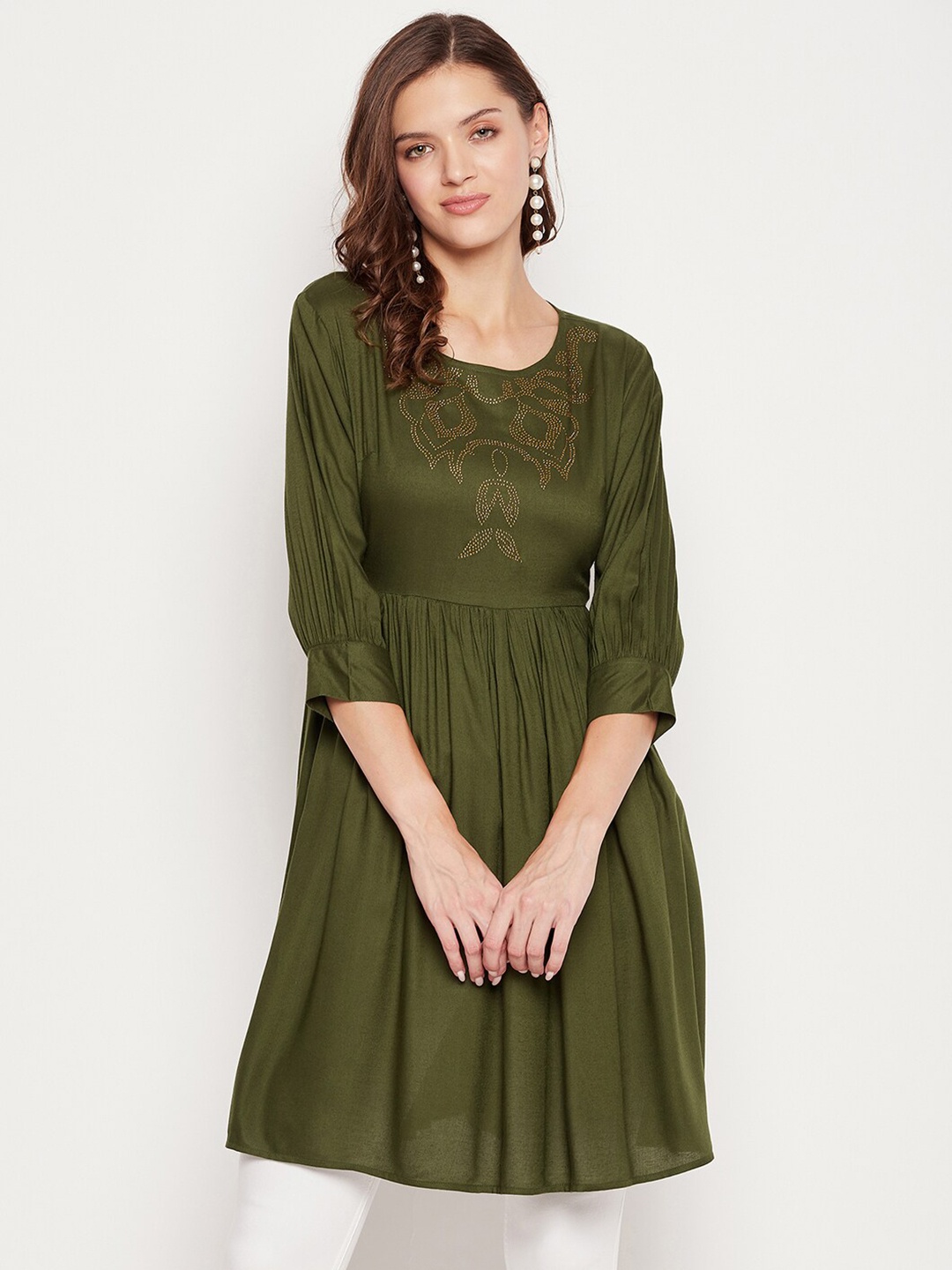 

BAESD Round Neck Gathered Embellished Tunic, Green