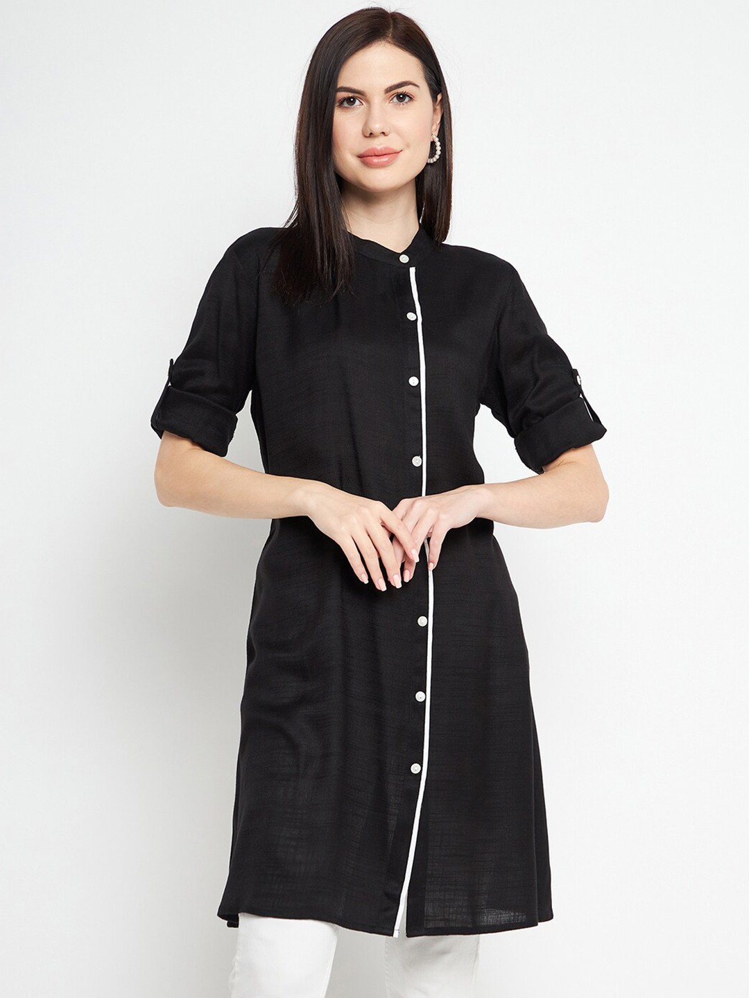 

BAESD Band Collar Roll-Up Sleeves A-Line Kurta, Black