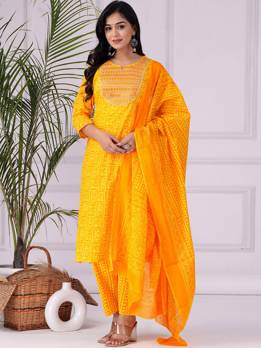 

JAIPURI COLLECTION Ethnic Motifs Embroidered Pure Cotton Kurta with Trousers And Dupatta, Yellow
