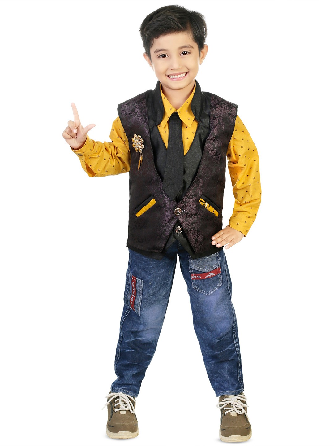 

CELEBRITY CLUB Boys Printed Shirt & Trousers With Waistcoat, Yellow