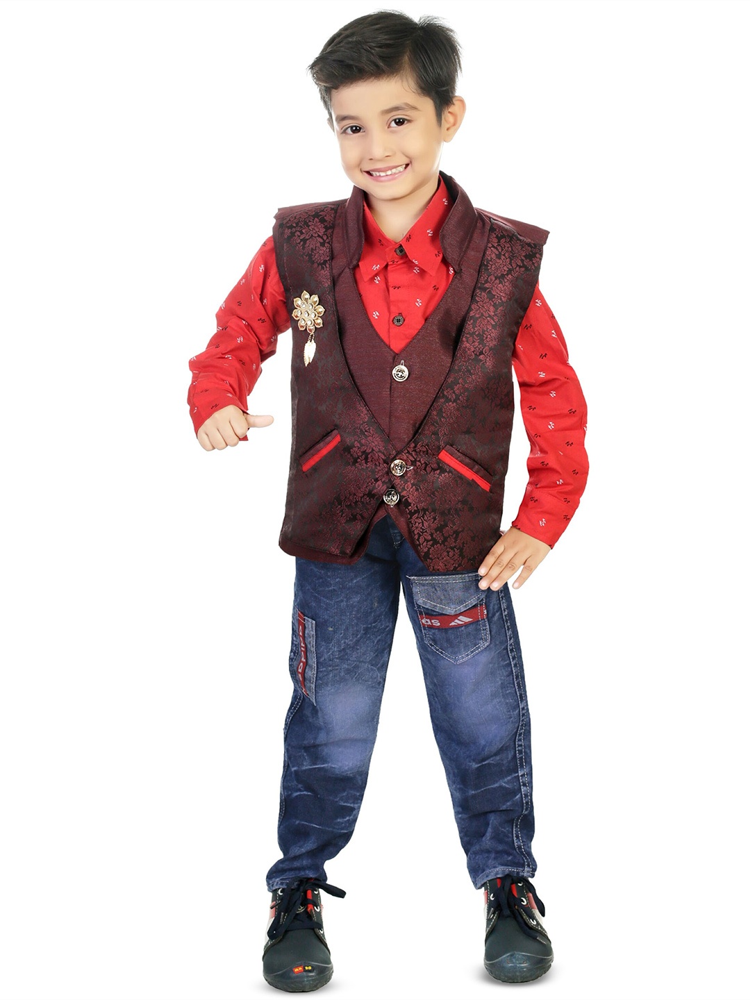 

CELEBRITY CLUB Boys Printed Shirt with Trousers & Waistcoat, Red