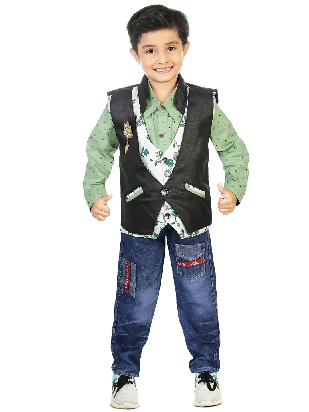 

CELEBRITY CLUB Boys Printed Shirt with Trousers, Green