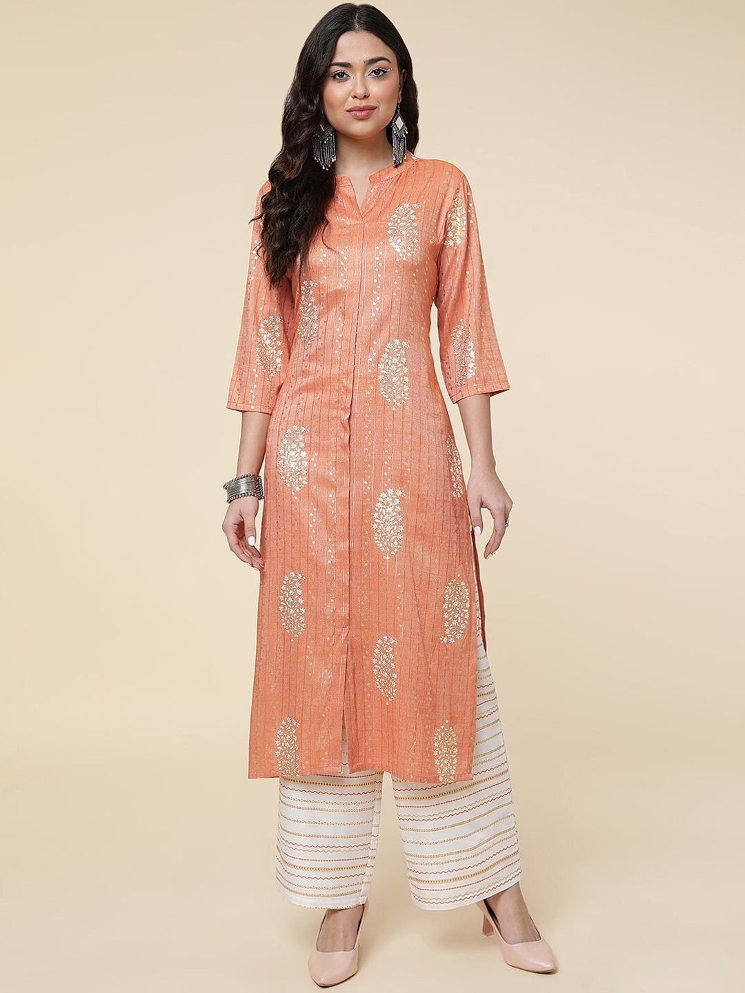 

HERE&NOW Band Collar Floral Printed Regular Kurta with Trousers, Orange