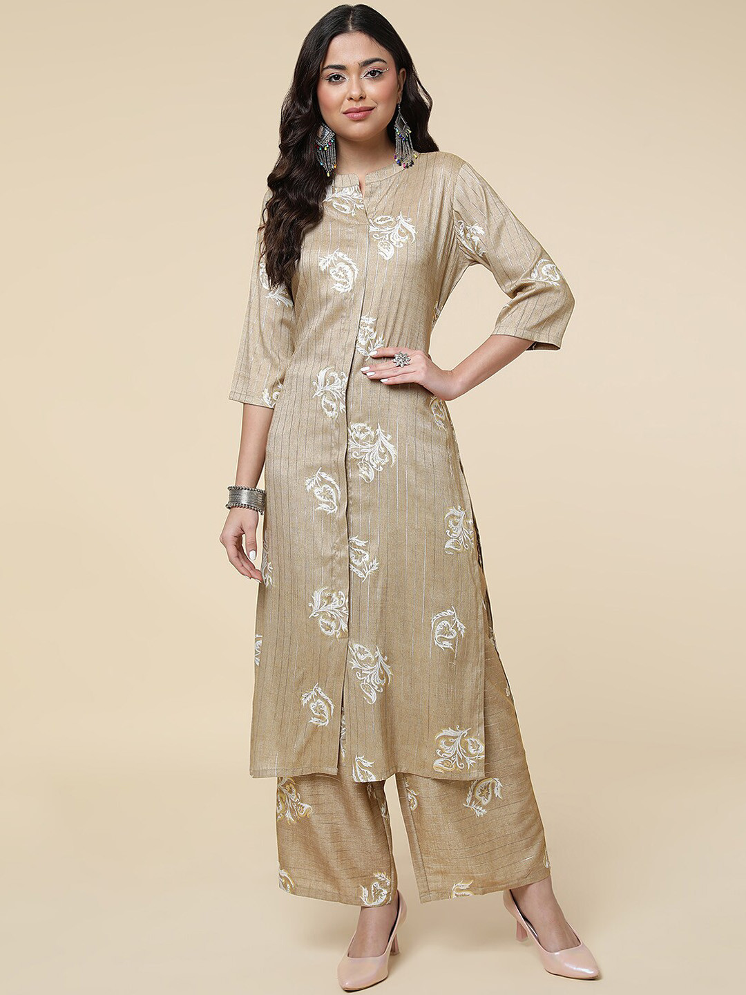 

HERE&NOW Floral Printed Regular Pure Cotton Kurta with Trousers, Beige