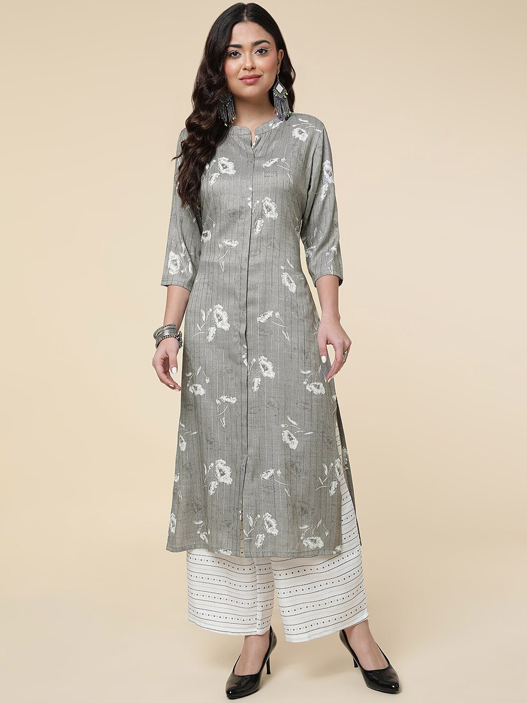 

HERE&NOW Band Collar Floral Printed Regular Kurta with Trousers, Grey