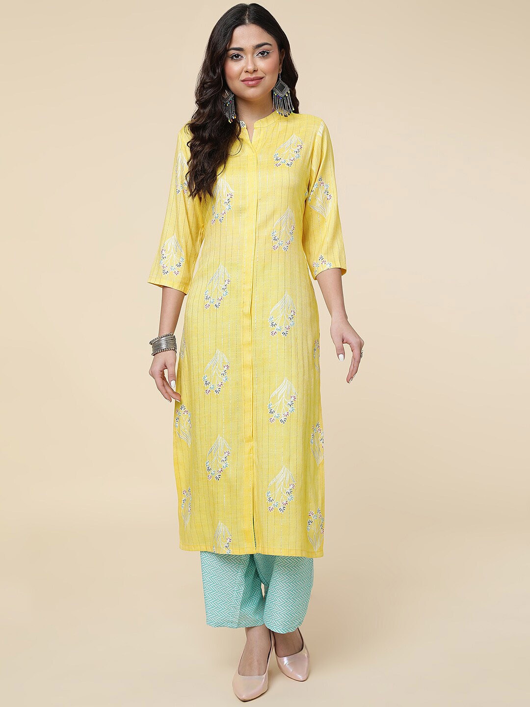 

HERE&NOW Yellow Floral Printed Regular Mandarin Collar Kurta With Trousers