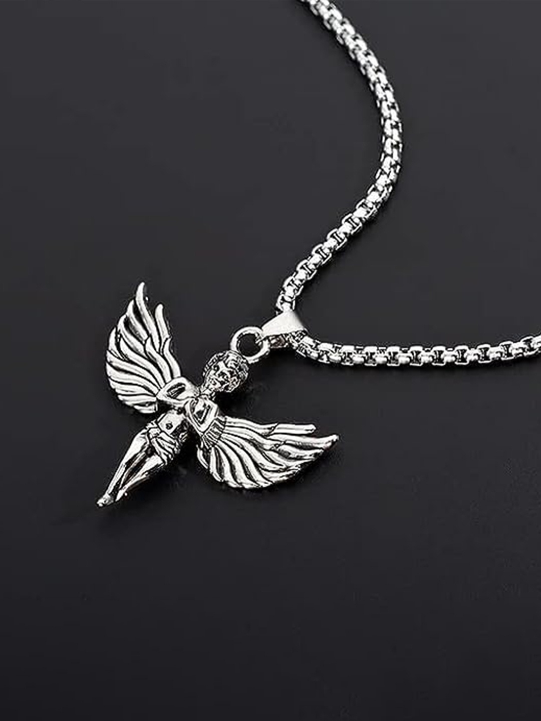 

KRYSTALZ Unisex Silver-Plated Oxidised Silver Angel Wing Pendant Chain