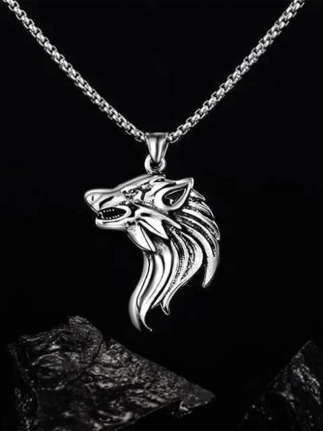 

KRYSTALZ Men Silver-Plated Lions Head Pendant Chain