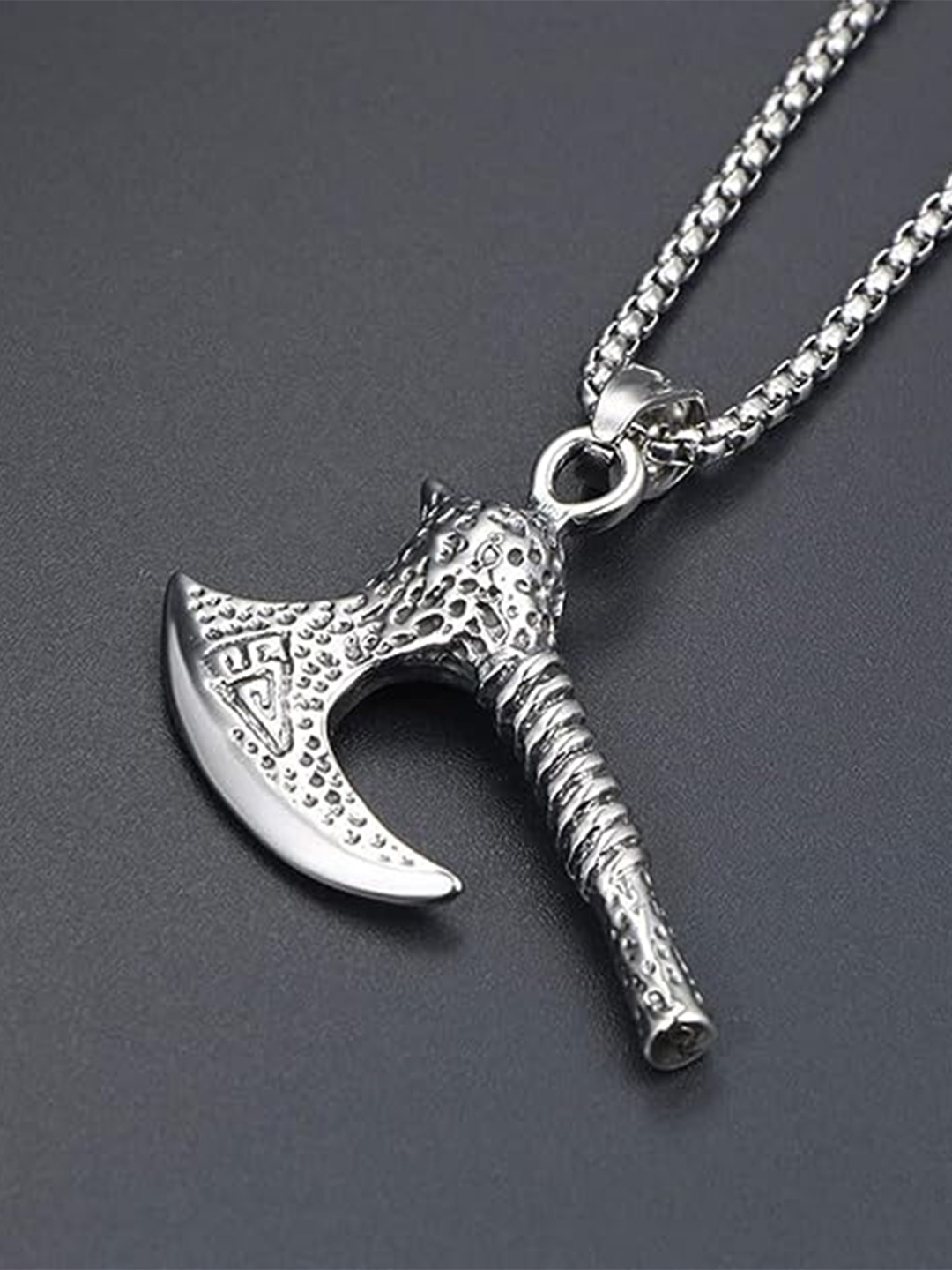 

KRYSTALZ Men Silver-Plated Tribal Axe Shaped Pendant With Chain