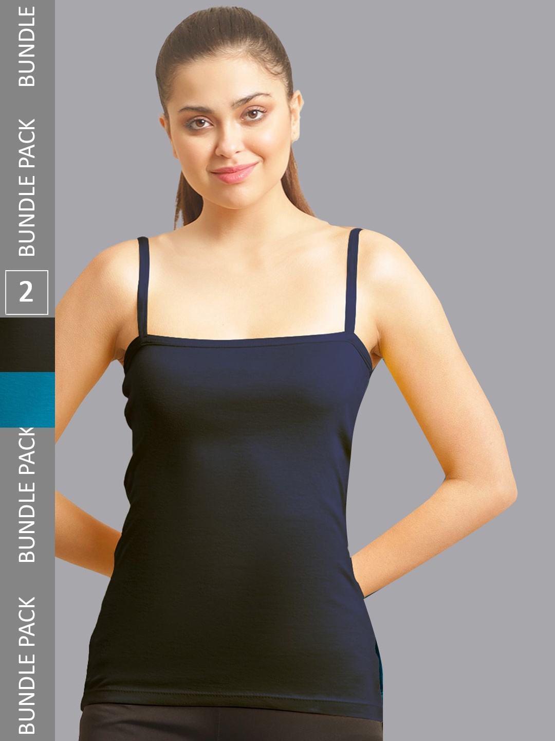 

FBAR Pack Of 2 Non-Padded Bio Wash Pure Cotton Camisoles, Navy blue