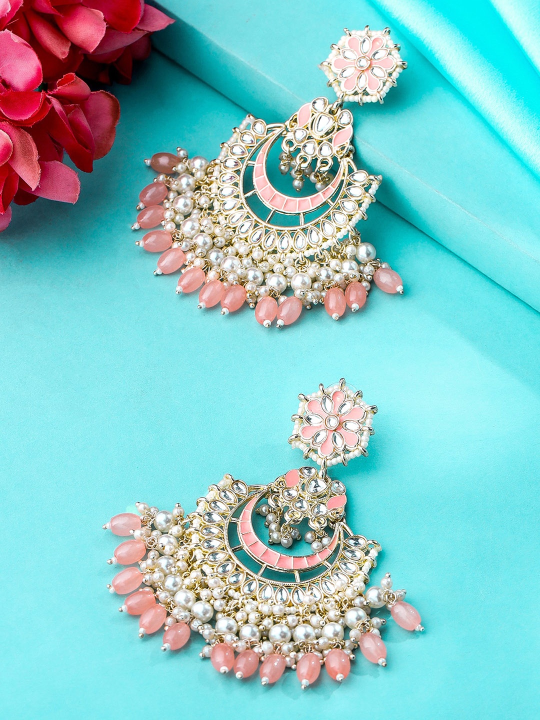

Yellow Chimes Gold Plated Kundan Studded & Beaded Chandbalis
