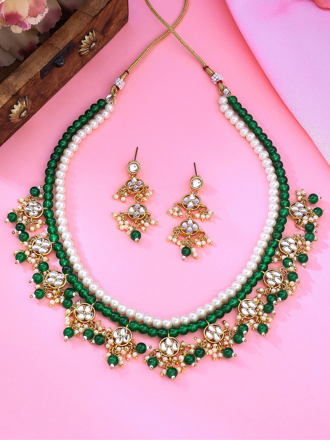 

Yellow Chimes Gold Plated Stone Studded & Pearl Beaded Jewellery Set