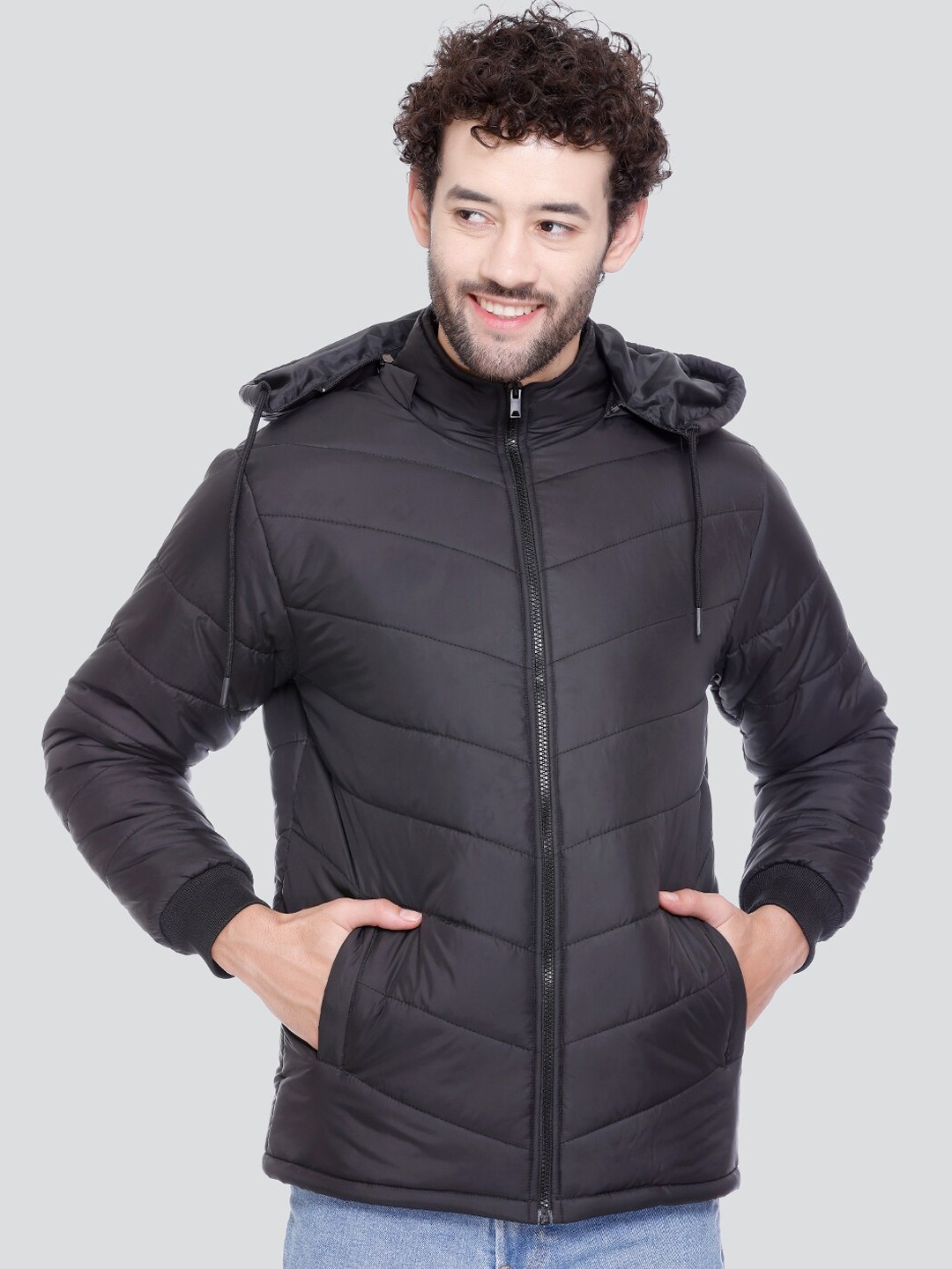 

SPORTIZM Men Black Camouflage Striped Lightweight Crop Padded Jacket