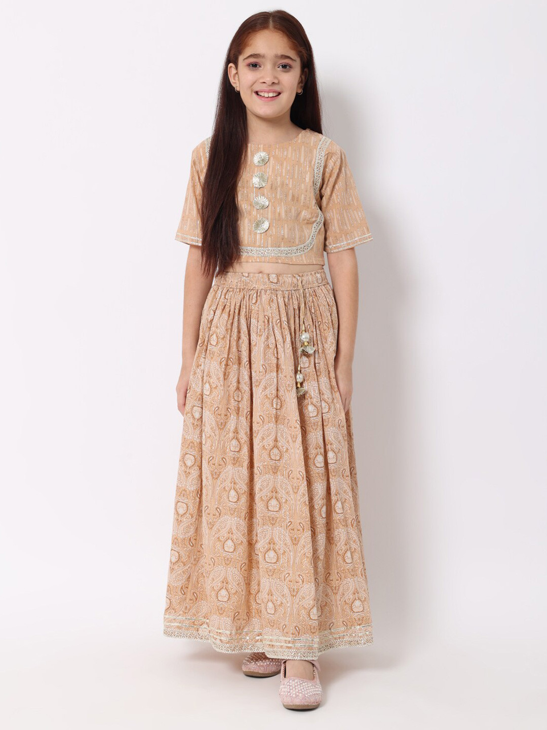 

Readiprint Fashions Girls Printed Cotton Ready to Wear Lehenga & Blouse With Dupatta, Beige
