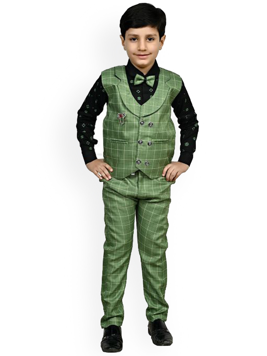 

BAESD Boys 3-Piece Checked Pure Cotton Party Suits With Brooch, Green