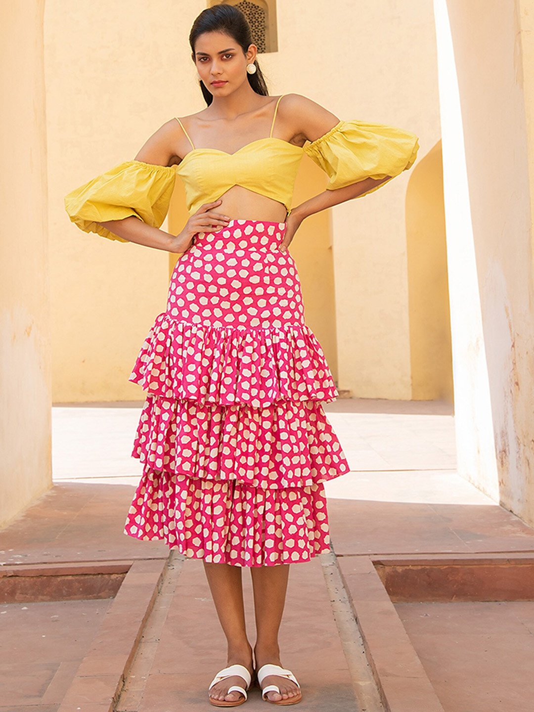 

KAORI BY SHREYA AGARWAL Pure Cotton Ethnic Crop Top & Layered Skirt, Yellow