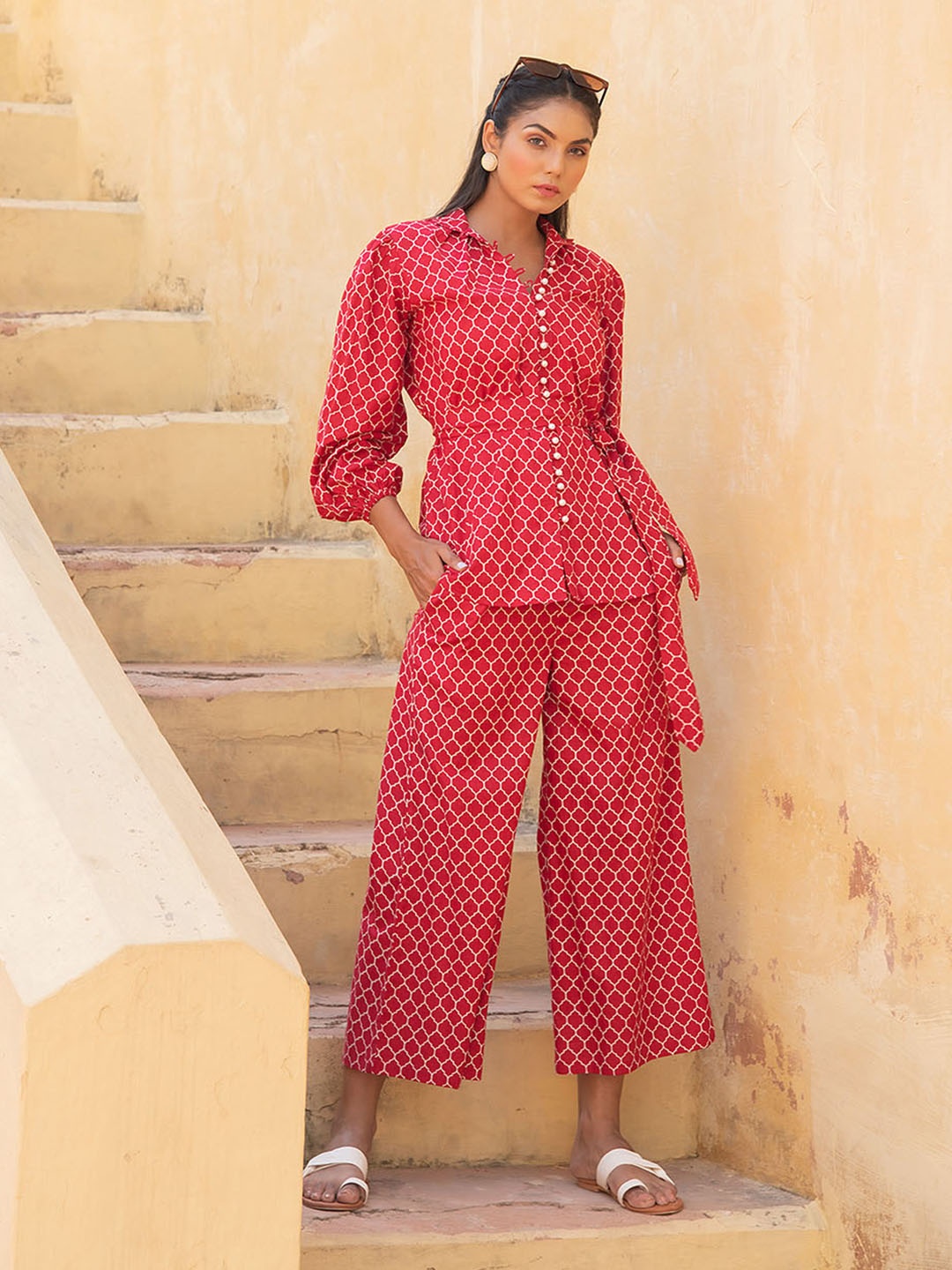 

KAORI BY SHREYA AGARWAL Printed Pure Cotton Shirt And Palazzos, Red