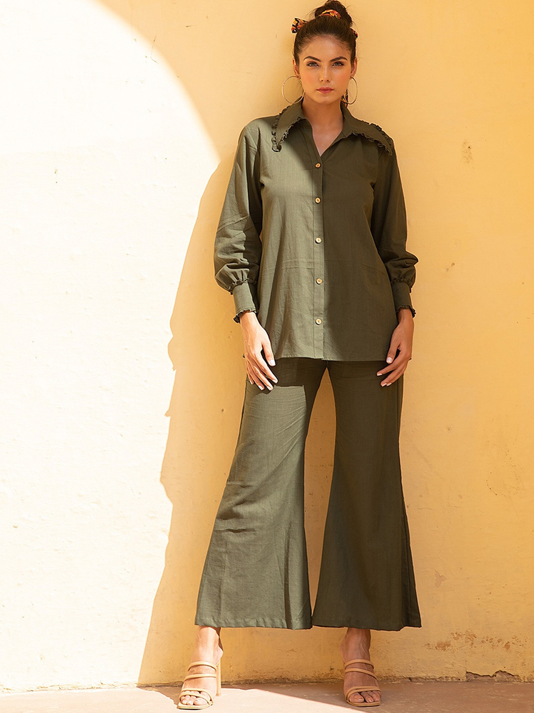 

KAORI BY SHREYA AGARWAL Pure Cotton Shirt & Palazzos, Olive