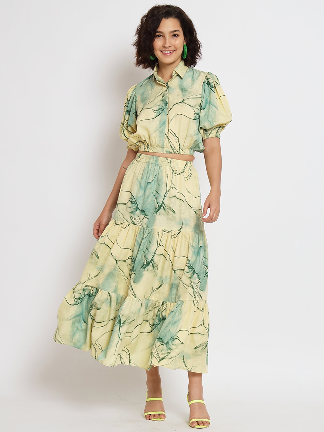 

KALINI Abstract Printed Crop Top With Skirt, Yellow