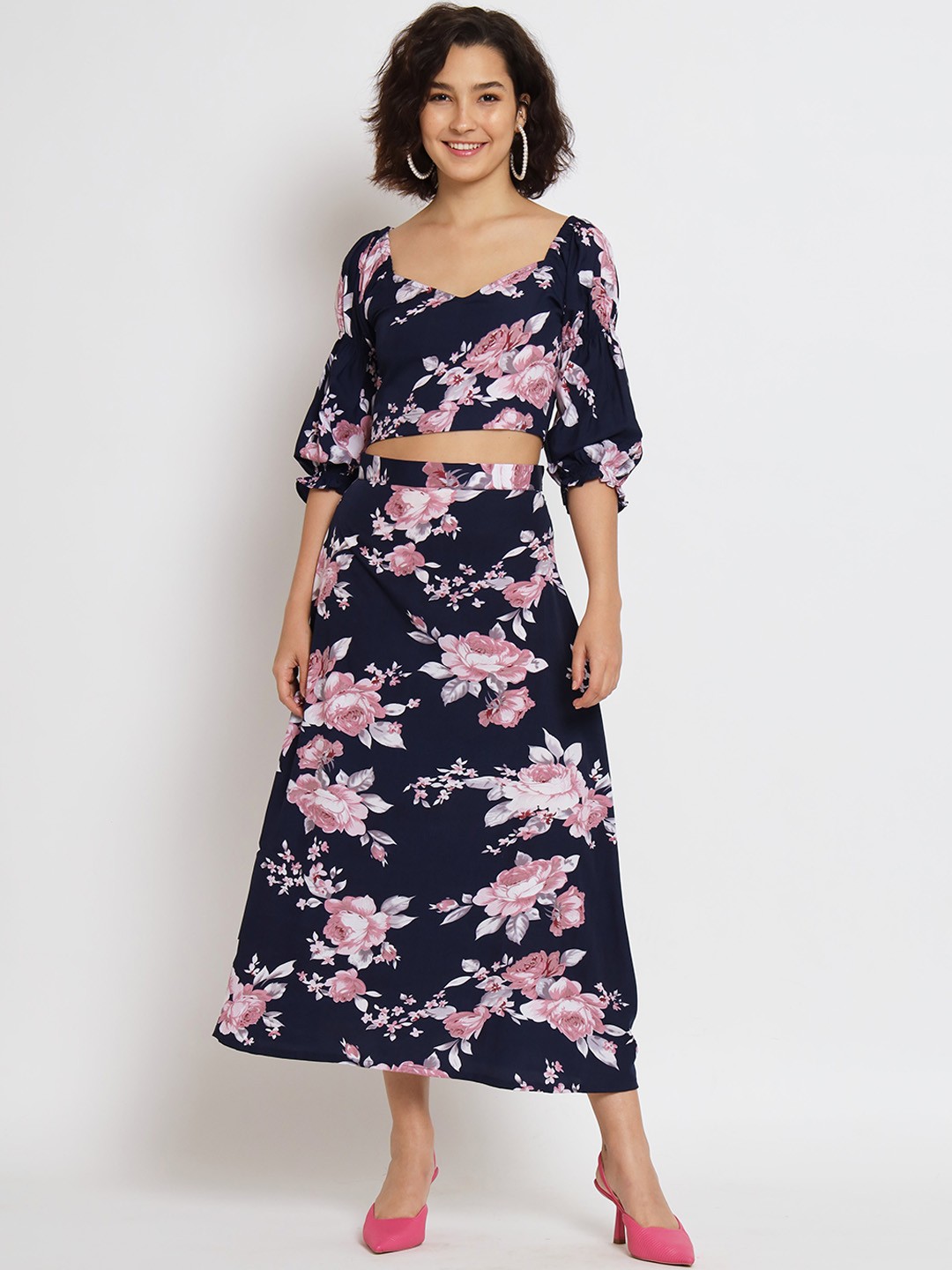 

KALINI Floral Printed Crop Top And Skirt, Navy blue