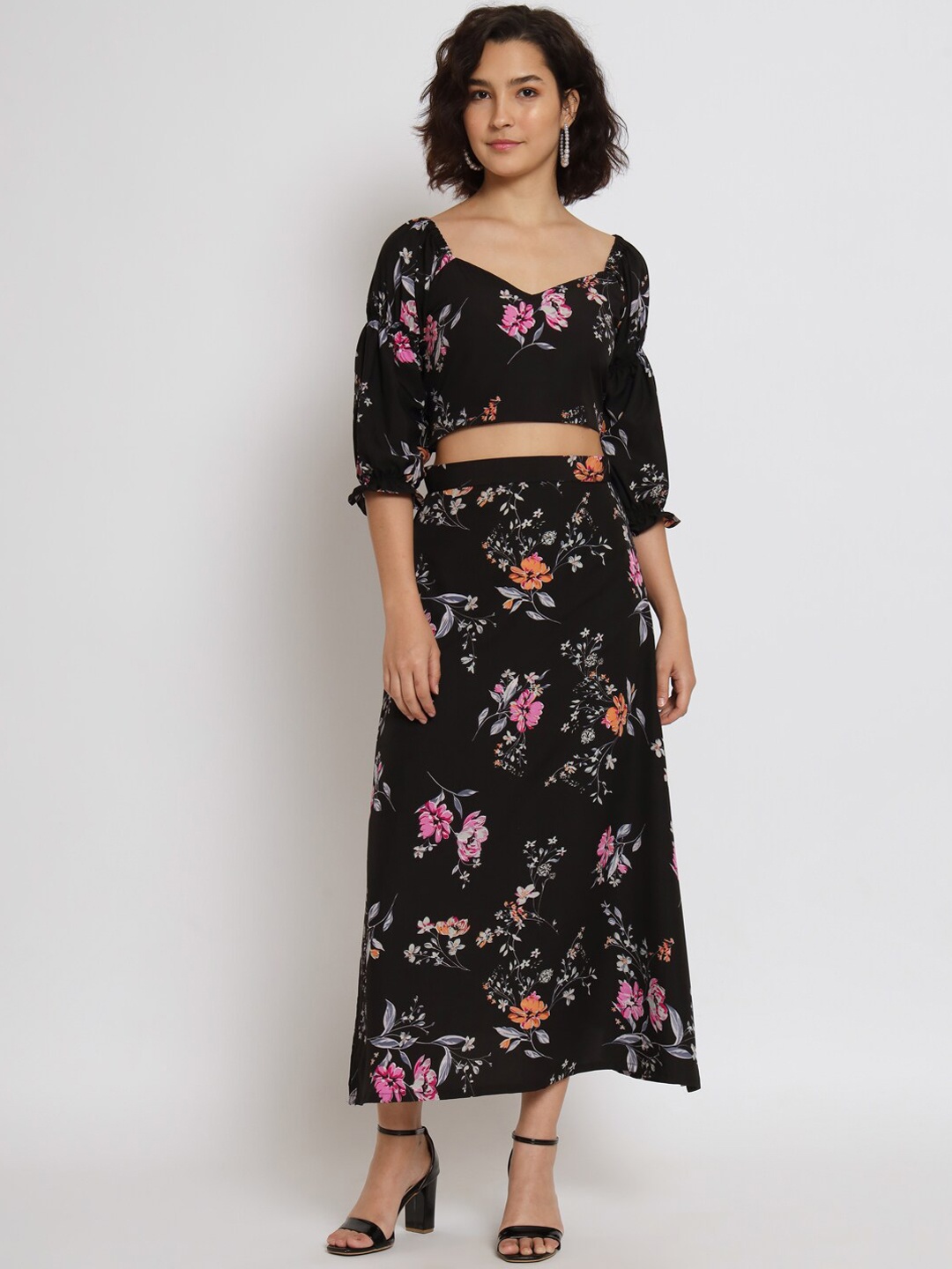 

KALINI Floral Printed Crop Top With Matching Skirt, Black