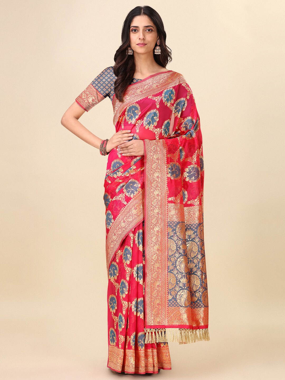 

Dhyey Fashion Woven Design Zari Detailed Art Silk Banarasi Saree, Pink